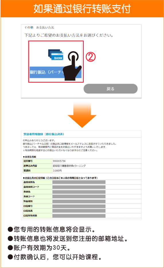 口座情報が表示された画面の一例の表示。受講開始までの注意事項が示されている。