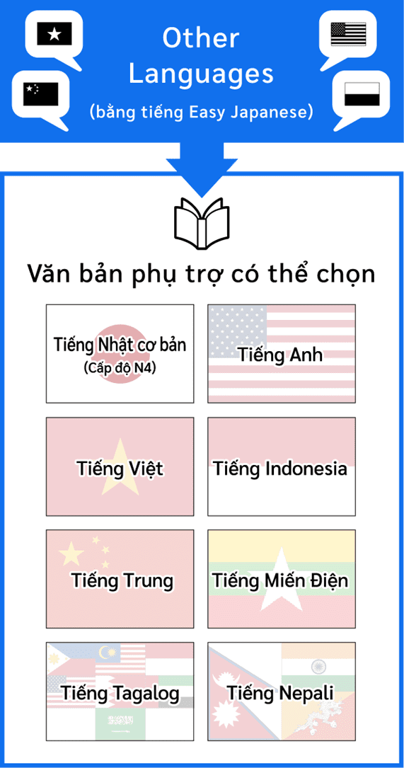 Nếu bạn đang tham gia khóa học bằng tiếng Nhật dễ dàng. Bạn có thể chọn học văn bản nước ngoài bằng một trong bảy ngôn ngữ: tiếng Anh, tiếng Việt, tiếng Indonesia, tiếng Trung, tiếng Miến Điện/Tagalog và tiếng Nepal.